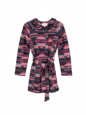 Anthropologie Tabitha Leona Wrap Coat M Hooded Belted Aztec Print‎ Wool Blend